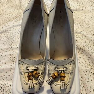 Gucci White Leather Tassel Heels with Bamboo Accents